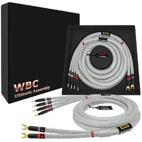 WORLDS BEST CABLES 6 Foot Ultimate - 7 AWG - Ultra-Pure OFC – Extra Premium Audiophile HiFi Bi-Wire Speaker Cable Pair with Eminence Gold Spade (x2) & Banana (x4) Plugs & Silver Tweed Jacket
