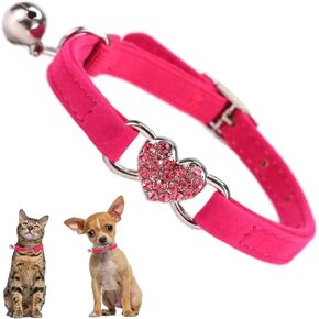 Puppy Collar with Bell, Bling Diamond Heart Soft Velvet Cat Collars with Bells for Xs Tiny Dogs Girls Pet Kitten Red