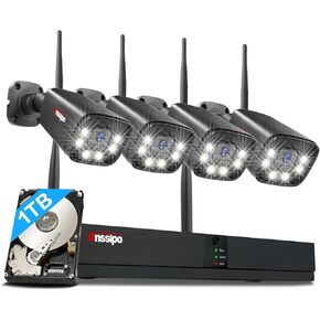 4K Wireless Wi-Fi Home Camera System for Outdoor Indoor House Security, 4pcs Surveillance Camera with Dual Warning, AI Detection, Color Night Vision,2 Way Audio, 4K 8CH NVR with 1TB HDD 24-7 Recording