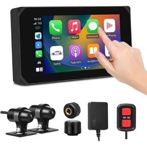 كاميرا VSYSTO Wireless Carplay وAndroid Auto Motorcycle Dash مع شاشة لمس 5 بوصات، كاميرا أمامية وخلفية HD1080P، واي فاي، بلوتوث، نظام تحديد المواقع العالمي، مستشعر ضغط الإطارات (CS5)