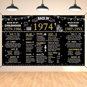DARUNAXY 50th Birthday Black Gold Party Decoration, Back in 1974 Banner Cheers to 50 Years Old Birthday Party Poster Supplies, 6 * 3.6FT Vintage 1974 Backdrop Photography Background for Men and Women