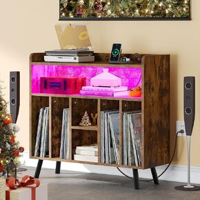 YITAHOME Record Player Table with Power Outlets and LED Lights Holds Up to 150 Albums, Record Player Stand with Storage, Turntable Stand with Solid Legs for Living Room, Bedroom