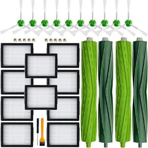 CauYien 26 Pack Replacement Parts for iRobot Roomba i3 i3+ i4 i6 i6+ i7 i7+ E5 E6 E7 I & E Series Vacuum Cleaner, 2 Set Rubber Brushes & 8 Vacuum Filters & 8 Side Brushes & 8 Vacuum Bags
