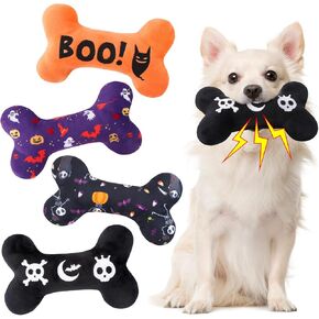 SCENEREAL Dog Halloween Toys Pack 4- Dog Squeaky Plush Toy,Durable Cute Interactive Dog Stuffed Toys with Squeaker, Dog Chew Toys for Small Medium Dogs Puppies Bone Shape