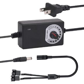Multi-Functional 12V PC Fan Speed Controller,Fan Power Supply,100-240V AC to 3-12V DC 24W Adjustable PC Fan Power Adapter,with Fan Splitter Cable,DC Female to 2 x 3/4 Pin