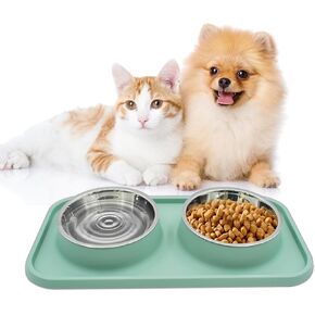 Double Dog Food Bowls with Mat,Stainless Steel Dog Bowls with No Spill Non Skid Silicone Mat Removable Cats Water and Food Bowl Set for Puppy Cats Kitten Small Medium Dogs(Pink)