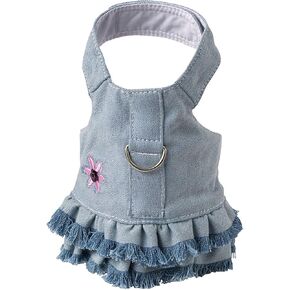 Doggles Dog Harness Dress with Jean Fringe, Blue, Teacup