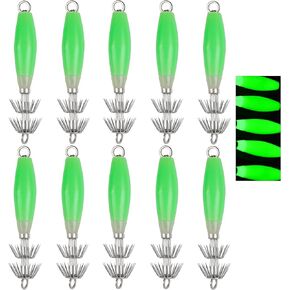 Luminous Squid Jig Hooks Kit,10pcs Glow Squid Jigs Saltwater Fluorescent Fishing Cuttlefish Sleeve Squid Jig Baits Night Fishing Octopus Lures Set with Tackle Box