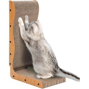 Cardboard L Shape Cat Scratcher - Happy & Polly Vertical Cat Scratching Board with Ball Toy for Indoor Cats - Protecting Furniture Cat Scratch Pad