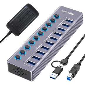 Powered 10-Port USB 3.0 Hub, USB C to 10 Ports USB Data Hub Splitter with Individual LED On/Off Switche, 3.3FT Cable, 12V/3A Power Adapter, for Laptop MacBook Pro/Air PC (Aluminum Gary)