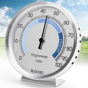 MAVORI Analog Hygrometer – Thermometer Hygrometer for Indoor – Premium Stainless Steel Humidity Gauge Indicator – Mechanically Operated Temperature and Humidity Monitor – High Accuracy - New
