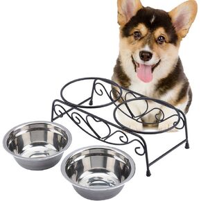 Yosoo Double Stainless Steel Bowls Cat Pet Food Water Feeder Dish Retro Iron Stand for Small Size Pet