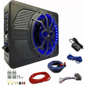 Car Subwoofer 10" 800W Slim Under Seat Powered Car Subwoofer，with Blue LED Ambient Light， Car/Truck Audio Sub Built in Amplifier