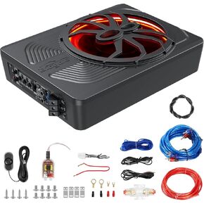 8" 800w Slim Under Seat Subwoofers with Led Ambient Light, Powered Compact Car/Truck Audio Sub Built-in Amp Kit