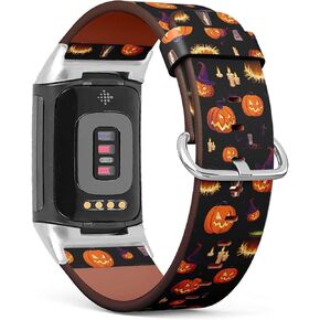 Compatible with Fitbit Charge 5, Patterned Leather Replacement Band (Halloween pumpkin pattern)