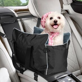 Dog Car Seat for Small Dogs, Center Console Dog Bed, Dog Car Booster Seat with Soft Cushion & Storage Pockets, Puppy Car Seat Support Pet Up to 10lbs (Black)