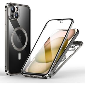 Phone Case for iPhone 15 Front and Back Protection Magnetic Compatible with Magsafe Metal Bumper Glass Screen Protector Double Sided Cover with Camera Lens Protector - Natural Titanium