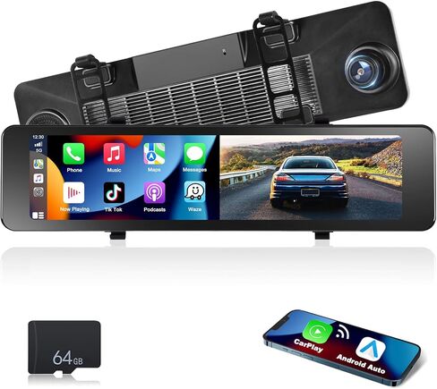 Podofo 11.26" IPS Wireless CarPlay Mirror Dash Cam Touch Screen Front & Rear View Camera Car Driving Recorder with Android Auto ADAS Voice Control FM Transmitter Backup Camera Loop Record 64G Card in Saudi Arabia