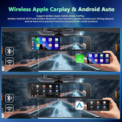 Podofo 11.26" IPS Wireless CarPlay Mirror Dash Cam Touch Screen Front & Rear View Camera Car Driving Recorder with Android Auto ADAS Voice Control FM Transmitter Backup Camera Loop Record 64G Card in Saudi Arabia