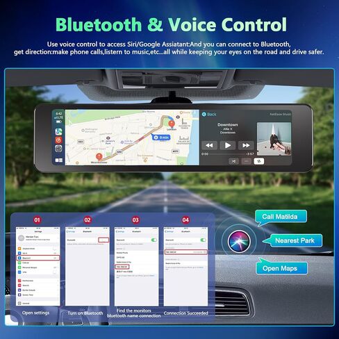 Podofo 11.26" IPS Wireless CarPlay Mirror Dash Cam Touch Screen Front & Rear View Camera Car Driving Recorder with Android Auto ADAS Voice Control FM Transmitter Backup Camera Loop Record 64G Card in Saudi Arabia