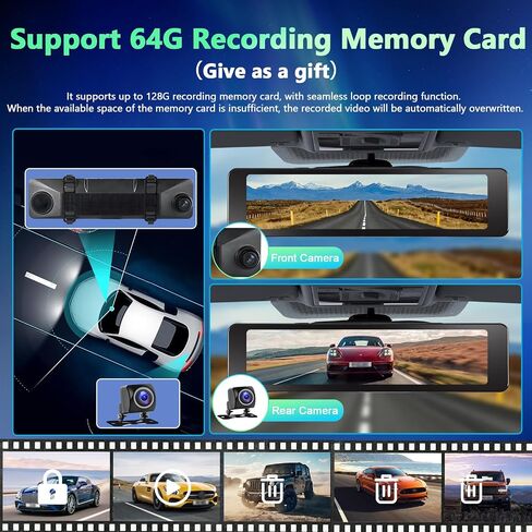 Podofo 11.26" IPS Wireless CarPlay Mirror Dash Cam Touch Screen Front & Rear View Camera Car Driving Recorder with Android Auto ADAS Voice Control FM Transmitter Backup Camera Loop Record 64G Card in Saudi Arabia