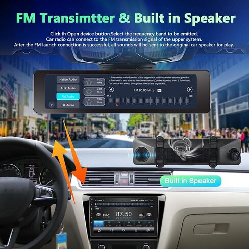 Podofo 11.26" IPS Wireless CarPlay Mirror Dash Cam Touch Screen Front & Rear View Camera Car Driving Recorder with Android Auto ADAS Voice Control FM Transmitter Backup Camera Loop Record 64G Card in Saudi Arabia