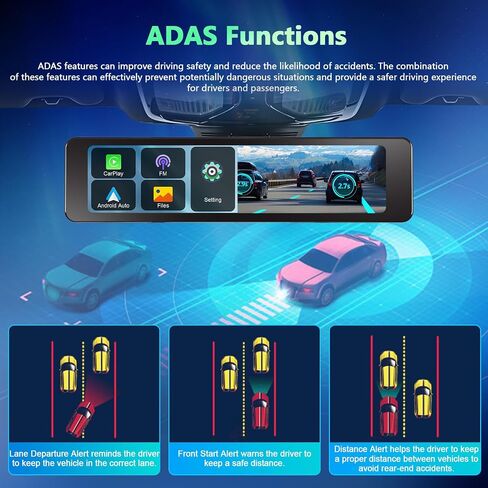 Podofo 11.26" IPS Wireless CarPlay Mirror Dash Cam Touch Screen Front & Rear View Camera Car Driving Recorder with Android Auto ADAS Voice Control FM Transmitter Backup Camera Loop Record 64G Card in Saudi Arabia
