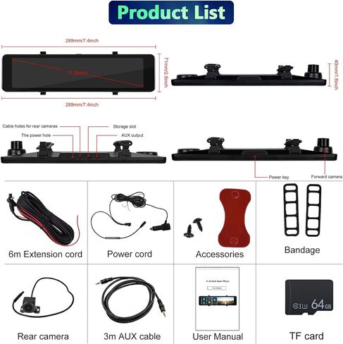 Podofo 11.26" IPS Wireless CarPlay Mirror Dash Cam Touch Screen Front & Rear View Camera Car Driving Recorder with Android Auto ADAS Voice Control FM Transmitter Backup Camera Loop Record 64G Card in Saudi Arabia