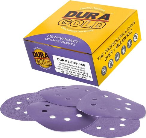 Dura-Gold Premium 400 Grit 5" Purple Film Ceramic Sanding Discs, 8-Hole Pattern, Box of 50 - Dustless Hook & Loop Backing Sandpaper for DA & Random Orbital Sanders - Sand Auto Paint, Wood, Woodworking in Kuwait