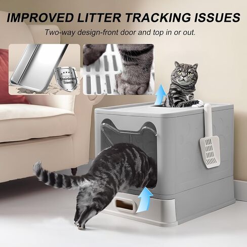 Stainless Steel Litter Box with Lid, Front Entry Top Exit Kitty Litter Box, Large Enclosed Metal Litter Box with Litter Scoop, Anti-Leakage, Non-Sticky, Easy Cleaning Cover Litter Box in Saudi Arabia