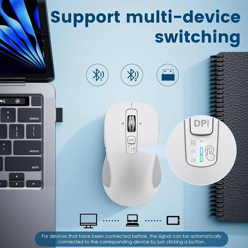 ماوس بلوتوث لاسلكي (USB + BT1 + BT2)، ماوس بالحجم الكامل، تمرير بأربعة اتجاهات، ماوس صامت متعدد الأجهزة للكمبيوتر والكمبيوتر المحمول والآيباد وماك بوك (أسود) in Kuwait
