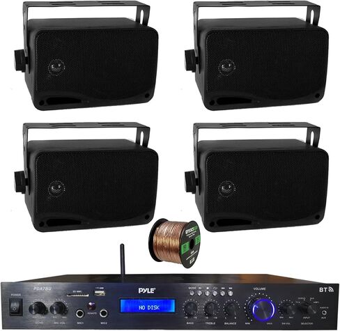 Pyle Home Theater Amplifier Audio Bluetooth MP3/USB/SD/AUX/FM Receiver System, with 4x Pyle 3.5'' 200 Watt 3-Way Weather Proof Mini Box Speakers (Black), Enrock Audio 16-Gauge 50 Foot Speaker Wire in Saudi Arabia