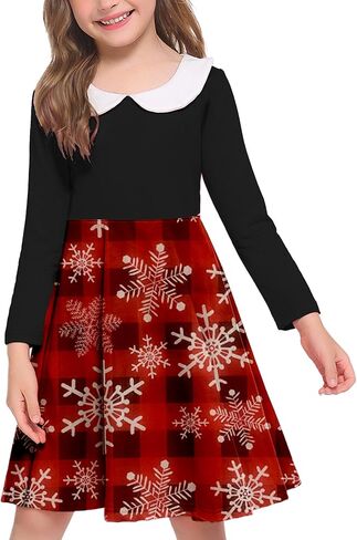 Arshiner Girls Long Sleeve Dress Casual Vintage Peter Pan Collar Swing Party Dress Age 3-14 Years in Saudi Arabia