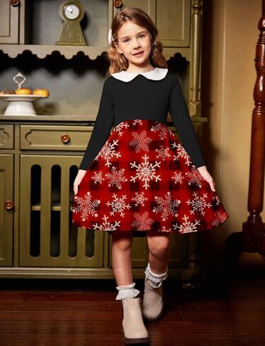 Arshiner Girls Long Sleeve Dress Casual Vintage Peter Pan Collar Swing Party Dress Age 3-14 Years in Saudi Arabia