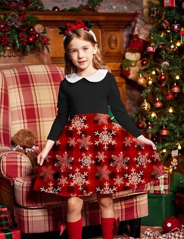 Arshiner Girls Long Sleeve Dress Casual Vintage Peter Pan Collar Swing Party Dress Age 3-14 Years in Saudi Arabia