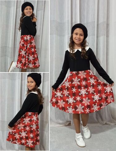 Arshiner Girls Long Sleeve Dress Casual Vintage Peter Pan Collar Swing Party Dress Age 3-14 Years in Saudi Arabia