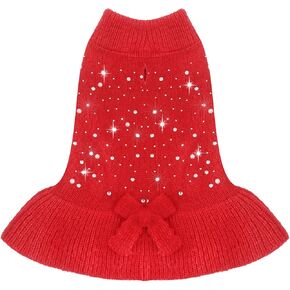 Dog Sweater for Small Medium Dogs Girl 10-50 LBS with Leash Hole Warm Fall Winter Female Dog Turtleneck Sweater Dress Cute Bow Knot Rhinestone Pullover Puppy Clothes Outfits (Black,M)