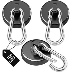 3 Pack Strong Magnetic Hooks with Carabiner Hook, 100 LBS Heavy Duty Magnetic Hooks Strong Neodymium Magnets, Magnet Hooks with Swivel for Kitchen, Hanging, Cruise, Grill