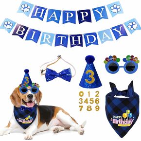 Dog Birthday Party Supplies, Dog Birthday Bandana Scarf,Dog Boy Birthday Hat Glasses,Dog Bow Tie Collar with 0-9 Numbers,Puppers Birthday Sign Banner,for Small Medium-Sized Dogs Pets (Blue)