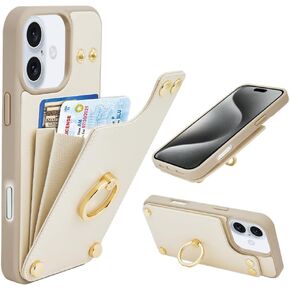 LAMEEKU Compatible with iPhone 16 Pro Max Case Wallet with Card Holder, 360° Rotation Ring Kickstand Leather Protective Case for iPhone 16 Pro Max 6.9'' Beige