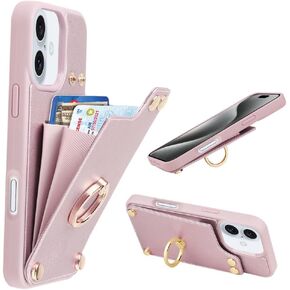LAMEEKU Compatible with iPhone 16 Pro Max Case Wallet with Card Holder, 360° Rotation Ring Kickstand Leather Protective Case for iPhone 16 Pro Max 6.9'' Beige