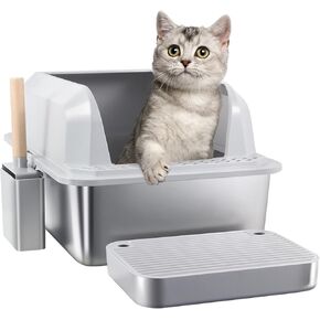 Enclosed Stainless Steel Extra Large Cat Litter Box with Lid, Metal Litter Tray with High Wall Sides for Big Cats, Big Scoop &Holder, Footpad, Odor Free, Non-Sticky, Anti-Urine Leakage, Easy Cleaning