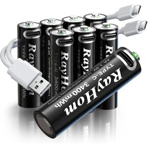 USB Rechargeable Lithium Batteries AA - 8-Pack Double A Batteries, Rechargeable AA Li-ion Battery with 2 USB-C 2-in-1 Charging Cable, 1.5V 3400mWh, Charges 1.5 Hours, Over 1000+ Cycles