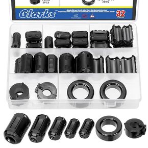 Glarks 32pcs Black Clip-on Ferrite Ring Core Set Includes 28pcs 3.5/5/7/9/13MM Inner Diameter Cable Clips RFI EMI Noise Suppressor Cable Clips 2pcs 42 x 24 x 16MM Toroid Cores 2pcs 15MM Ferrite Cores