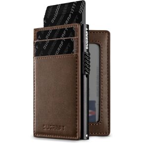DUGRAFT Pop Up Wallet with ID Window Slim RFID Blocking Card Holder, Mens Minimalist Aluminum Metal Credit Card Case with Leather Slots