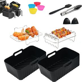 (Pack of 12) Air Fryer Silicone Liners 2-Pack | 8QT - 10QT | Includes BBQ Rack, Food Rack, Silicone Gloves, Oil Brush, Tongs, & Cupcake Molds | Ideal for Air Fryer Accessories