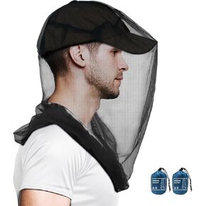Mosquito Head Net for Insects, 2 Pack, Premium Bug Net for Head, Fly & Bug Protection | Ultra Large & Long, Finest Holes for Camping, Hiking, Fishing, Gardening, Fits All Hats for Men & Women