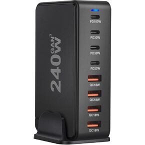High power Charging block, 240W super fast charging station with 4 Type-C ports and 4 USB-A ports, 100W Charging ports for laptop/tablets. Desk Cable Organizers.