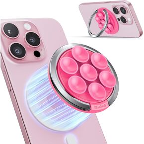 Magnetic Suction Cup Phone Ring Grip, Phone Suction Grip for MagSafe with Adjustable Ring Stand, Hands-Free Suction Phone Case for iPhone 15/14/13/12 Series for Make Up & Selfies Pink