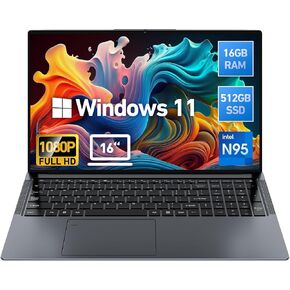 2024 Newest 16'' Laptop Computer Windows 11, 16GB RAM 512GB PCIe SSD, 12th Gen Intel N95 Processor(Max 3.4GHz), Business Laptop with 1080P FHD Display, Backlit KB, Type-C, HDMI, BT, WiFi, Webcam, Gray